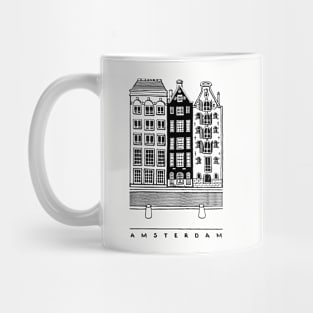 Three old houses. Amsterdam, Netherlands. Realistic black and white illustration. Mug